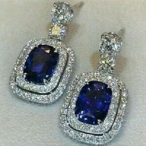 Blue Square Diamond Cocktail Dangle Bling Earnings